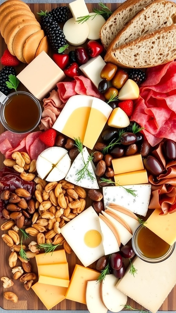 A vibrant brunch grazing board with cheeses, meats, fruits, and bread, garnished with herbs.